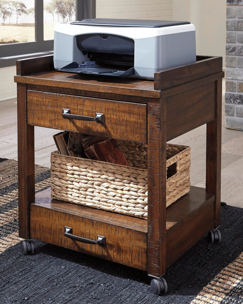 Ashley Furniture Baldridge printer stand with storage shelves and a sleek wooden finish.