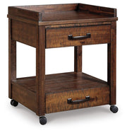 Ashley Furniture Baldridge printer stand with open shelves and a dark wood finish, ideal for organizing home office printers.