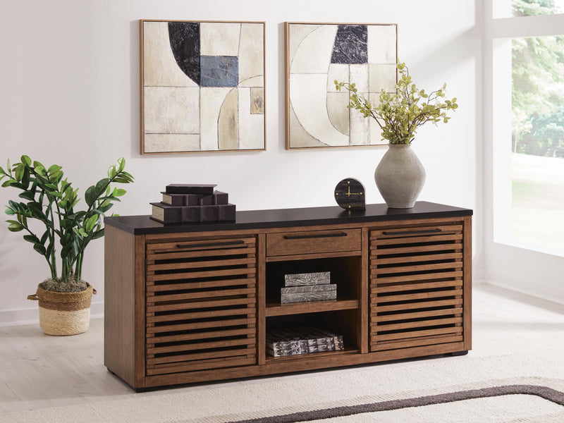 Ashley Furniture Kallari Credenza bookcase with wood finish, featuring multiple shelves and a modern design for storage and display.