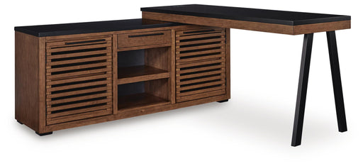 Ashley Furniture Kallari credenza with desk return, featuring a sleek wood finish and modern design, shown from an angled side view.
