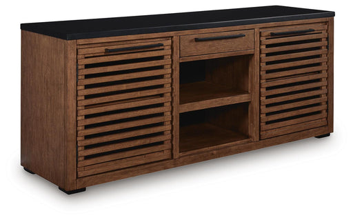 Ashley Furniture Kallari Credenza bookcase with closed storage compartments and open shelving, finished in a sleek dark wood.
