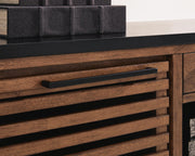 Close-up of the handle detail on the Kallari Credenza bookcase by Ashley Furniture, showcasing its modern design.