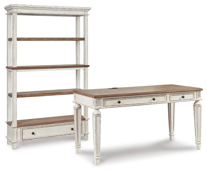 Ashley Furniture Realyn Home Office Set with desk, chair, and storage, featuring modern design and warm wood finish.