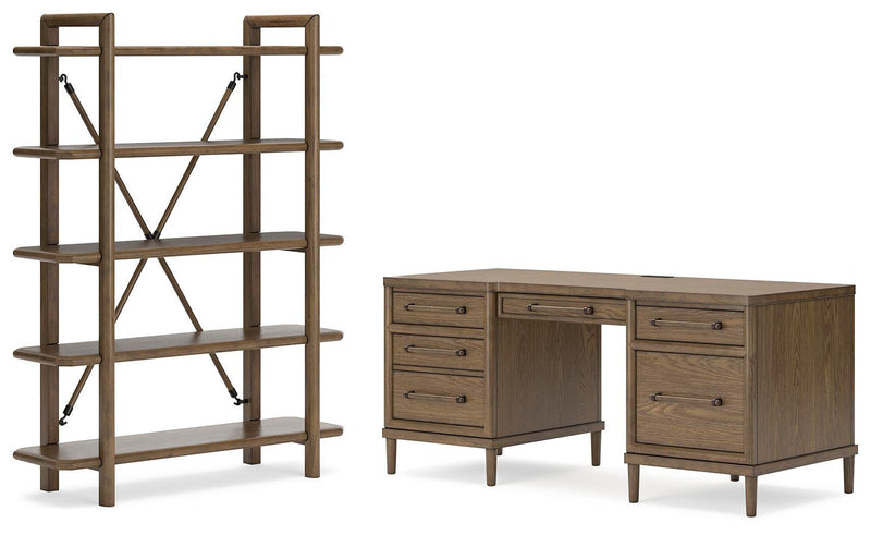 Ashley Furniture Roanhowe Home Office Set with desk, chair, and storage in a modern design, shown in a stylish home office setting.