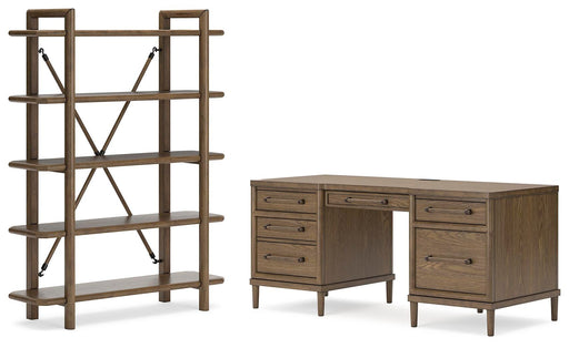 Ashley Furniture Roanhowe Home Office Set with desk, chair, and storage in a modern design, shown in a stylish home office setting.