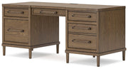 Ashley Furniture Roanhowe home office set with a desk, matching chair, and storage drawers, shown from an angled view.