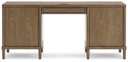 Ashley Furniture Roanhowe Home Office Set, includes desk and chair with dark wood finish and modern design.