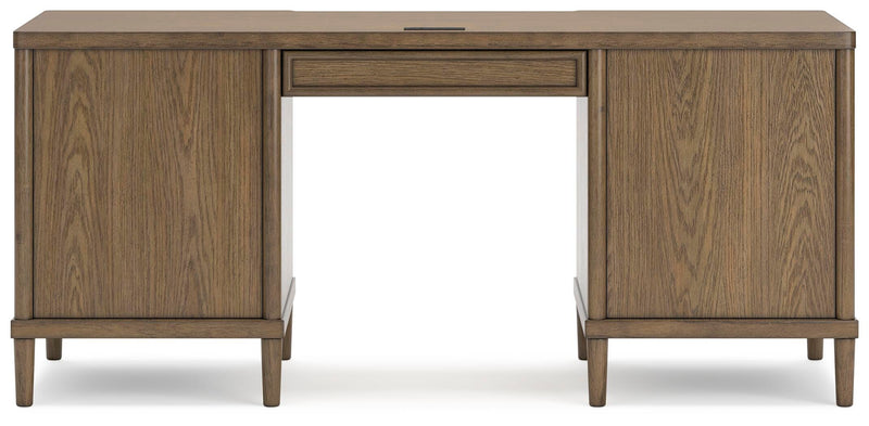 Ashley Furniture Roanhowe Home Office Set, includes desk and chair with dark wood finish and modern design.