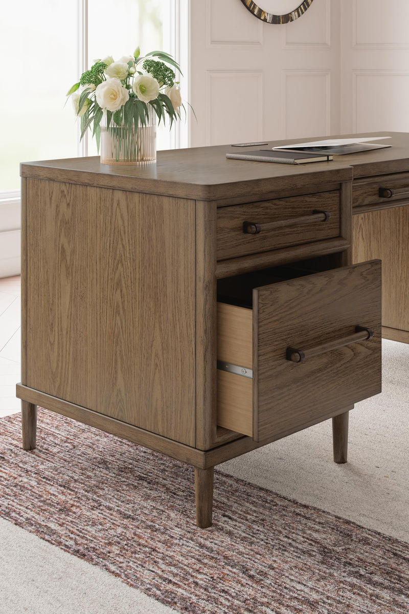 Ashley Furniture Roanhowe Home Office Set with desk, chair, and storage components, shown in a detailed close-up image.