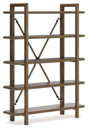 Ashley Furniture Roanhowe Home Office Set with desk, chair, and shelving unit, shown from an angled side view.