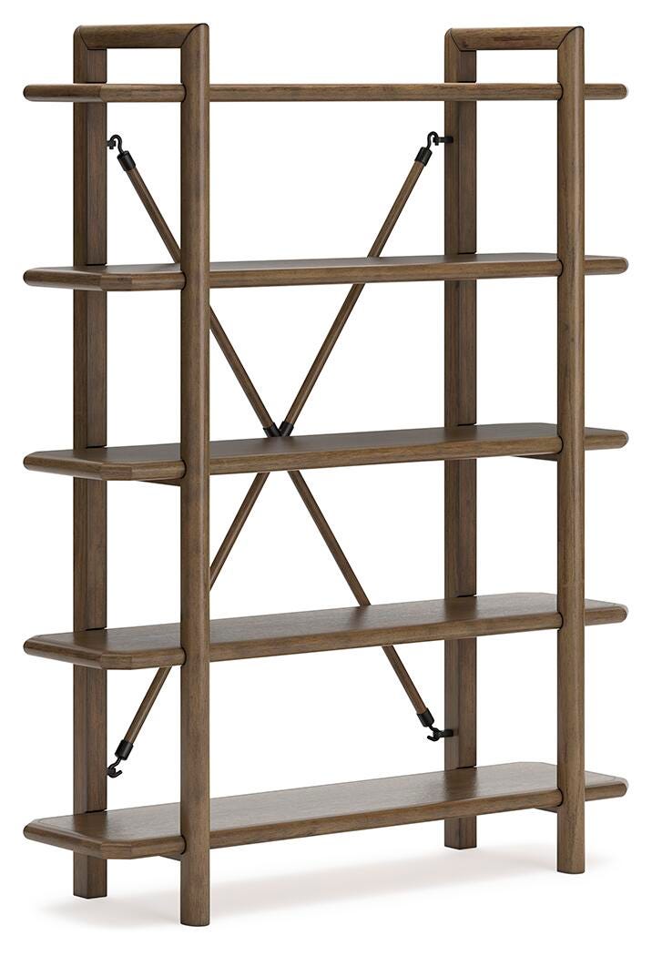 Ashley Furniture Roanhowe Home Office Set with desk, chair, and shelving unit, shown from an angled side view.