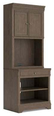 Ashley Furniture Janismore Bookcase with multiple shelves, angled design, and dark wood finish for stylish home organization.