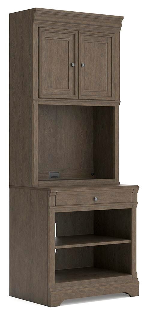Ashley Furniture Janismore Bookcase with multiple shelves, angled design, and dark wood finish for stylish home organization.
