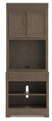 Ashley Furniture Janismore bookcase with multiple shelves and a dark wood finish, shown head-on against a white background.