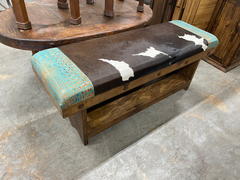 4 ft Western-themed bench with cowhide and embossed leather, crafted by Monterrey Furniture in Texas.