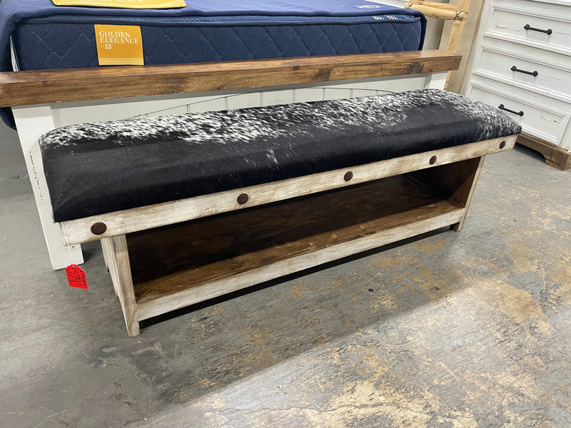 5ft Western bench by Monterrey Furniture featuring cowhide and embossed leather upholstery, showcasing rustic, handcrafted design.