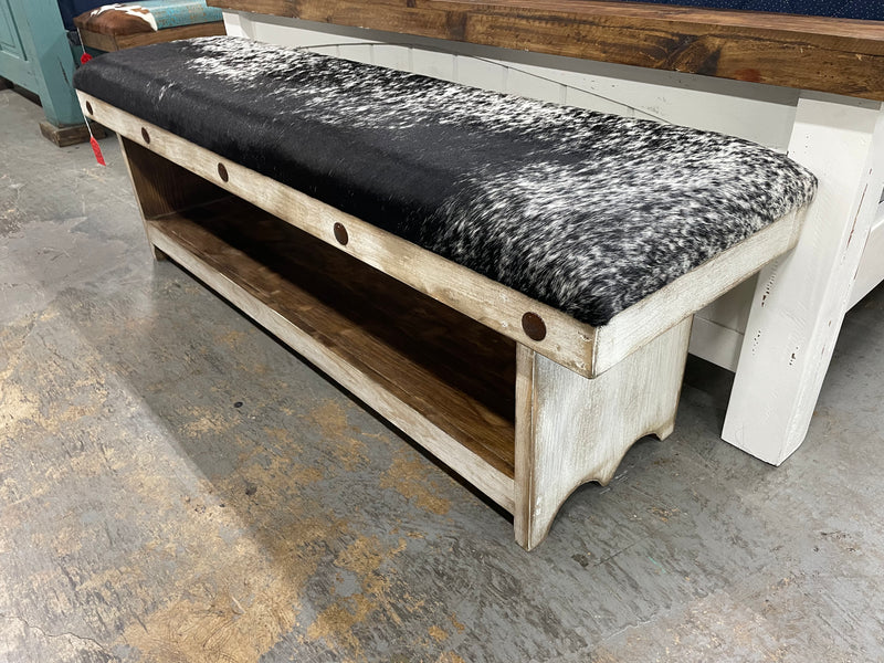 5-foot Western bench by Monterrey Furniture featuring cowhide and embossed leather upholstery.
