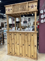 Rustic solid wood cantina bar with travertine top, crafted by Monterrey Furniture, showcasing a sturdy, natural wood finish.