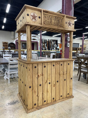 Rustic solid wood cantina bar with travertine top, crafted by Monterrey Furniture, showcasing a sturdy, natural wood finish and elegant surface.