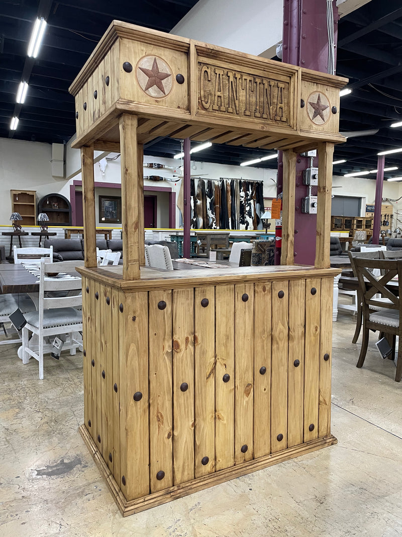 Rustic solid wood cantina bar with travertine top, crafted by Monterrey Furniture, showcasing a sturdy, natural wood finish and elegant surface.