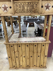 Rustic solid wood cantina bar with travertine top, crafted by Monterrey Furniture, featuring a sturdy wood finish and elegant surface.