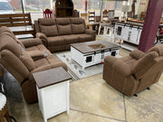 Three-piece manual recliner living room set by Generation Trade with plush upholstery and wooden legs, featuring a sofa and two armchairs.