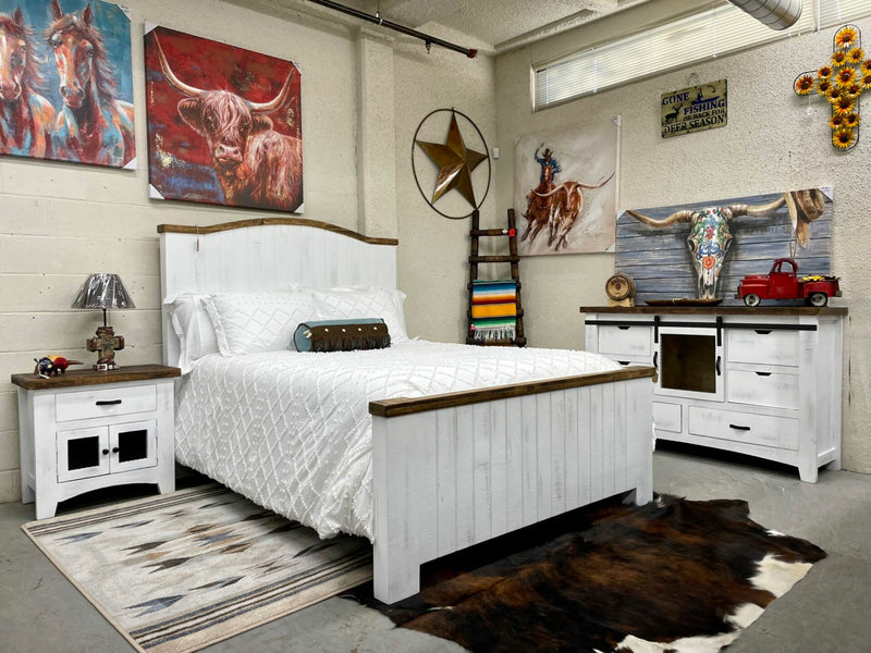 Pueblo Queen Size Bedroom Set (Distressed White) - Complete Set includes: queen bed, dresser, 2 nightstand