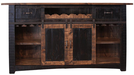 International Furniture Direct Pueblo Black bar cabinet with 2 drawers, 2 shelves, and 2 doors, showcasing a stylish storage solution.