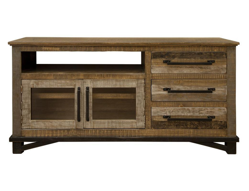 Loft brown TV stand with 3 drawers and 2 doors, 62-inch width, by International Furniture Direct, featuring a modern rustic design.