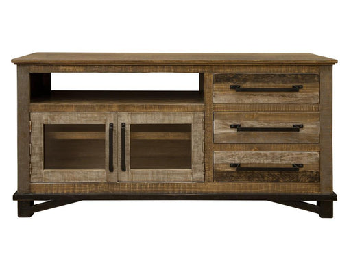 Loft brown TV stand with 3 drawers and 2 doors, 62-inch width, by International Furniture Direct, featuring a modern rustic design.