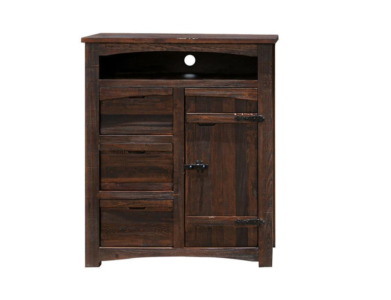 Wooden TV chest with 3 drawers and 1 door from International Furniture Direct, featuring a rustic finish and ample storage space.