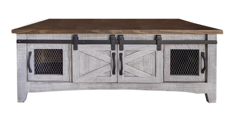 Gray Pueblo cocktail table with 8 doors from International Furniture Direct, featuring a modern design and ample storage space.
