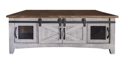 Gray Pueblo cocktail table with 8 doors from International Furniture Direct, featuring a modern design and ample storage space.