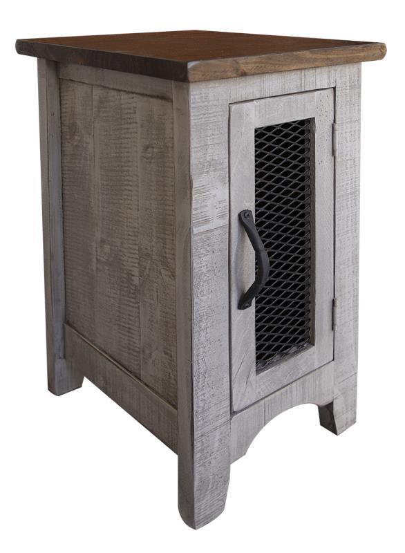 Gray Pueblo chair side end table with one door from International Furniture Direct, featuring a stylish and functional design.