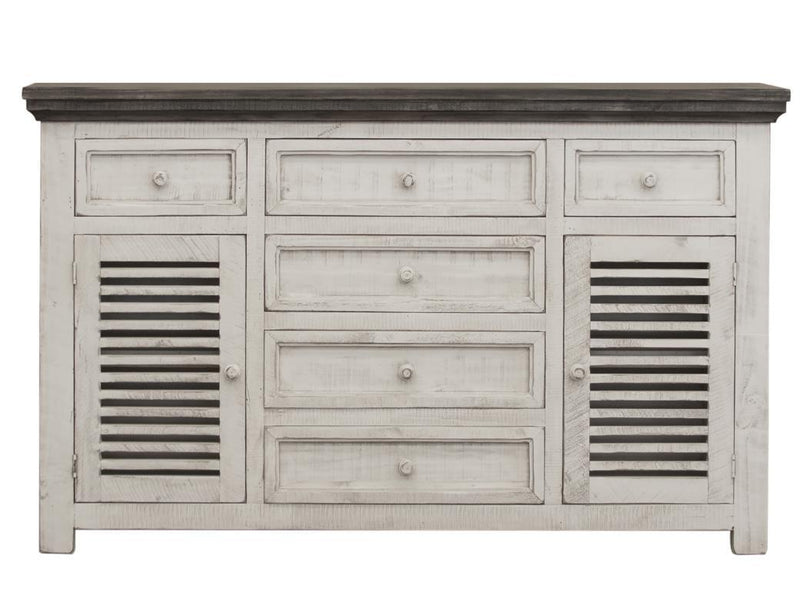 Stone and ivory finish console with 6 drawers and 2 doors from International Furniture Direct, showcasing a stylish storage piece.