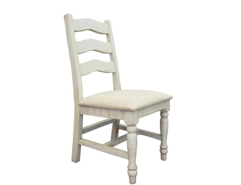 Ivory finish solid wood chair with fabric seat from International Furniture Direct, showcasing a sturdy wooden frame and comfortable seating