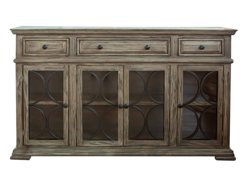 International Furniture Direct Bonanza console with four glass doors and three drawers, showcasing elegant wood finish and storage space.