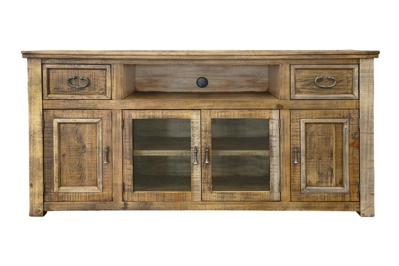 Montana 70-inch TV stand by International Furniture Direct with two drawers and four doors, showcasing a rustic wood finish.