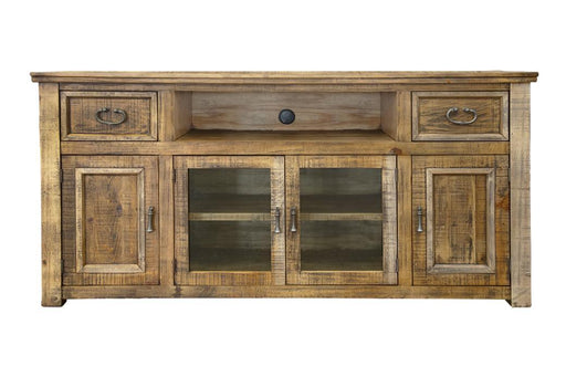 Montana 70-inch TV stand by International Furniture Direct with two drawers and four doors, showcasing a rustic wood finish.