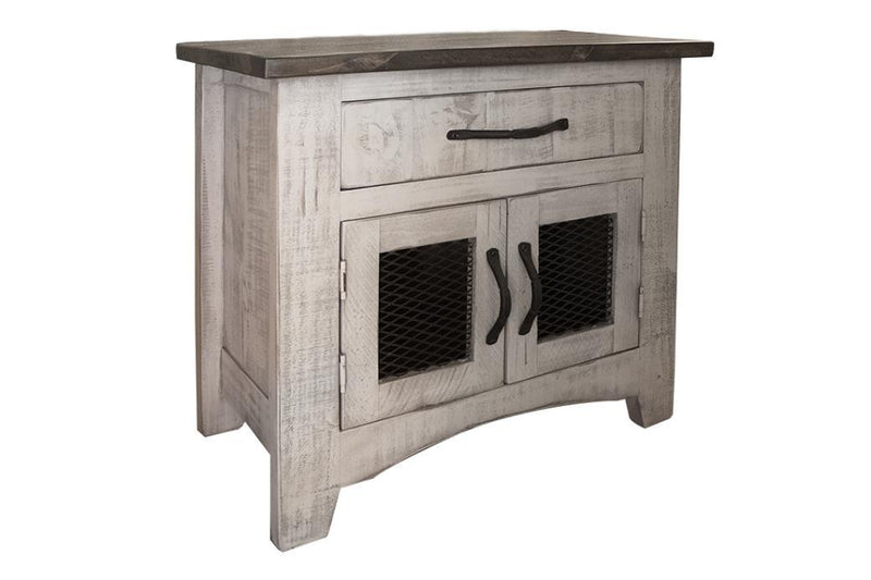 Gray nightstand with one drawer and two doors from International Furniture Direct featuring a rustic design.
