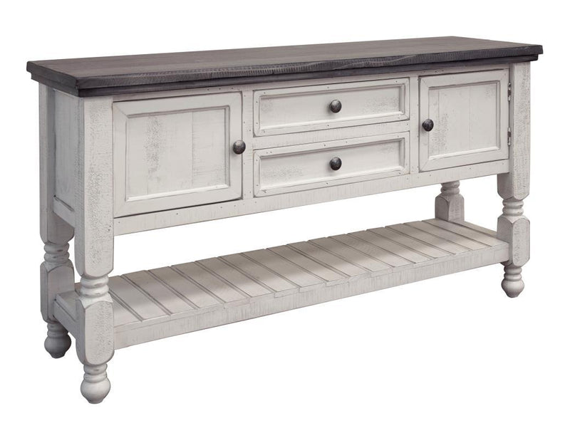 Stone finish sofa table with 2 drawers, 2 doors, and shelf by International Furniture Direct, showcasing storage and rustic style.