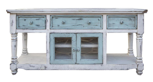 Aruba 70-inch TV stand by International Furniture Direct in white finish with three sky blue drawers and two sky blue doors.
