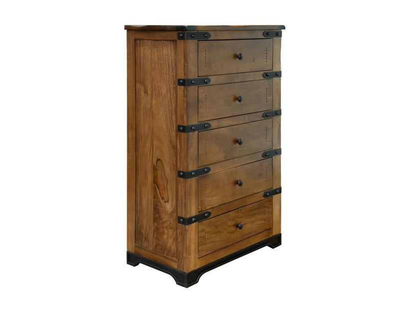 International Furniture Direct Parota 5 Drawer Chest showing a wooden storage chest with five spacious drawers and natural wood finish.