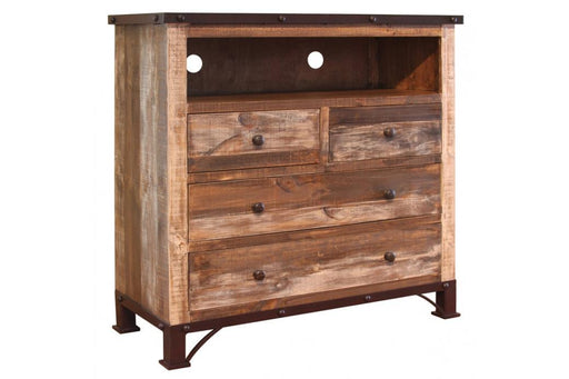 Antique multicolor media chest with four drawers, made by International Furniture Direct, showcasing a vintage wooden storage piece.