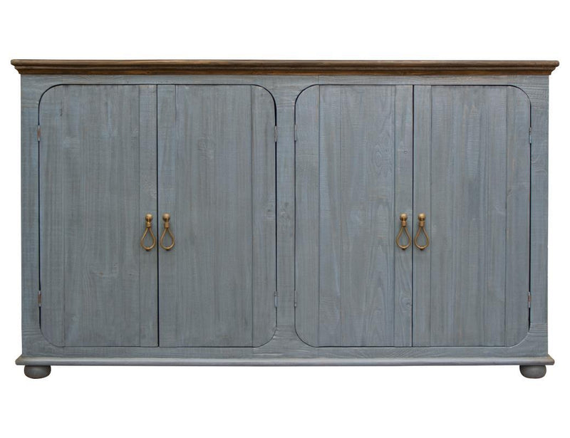 Sky blue Alba 4-door console by International Furniture Direct with two fixed shelves and modern design.