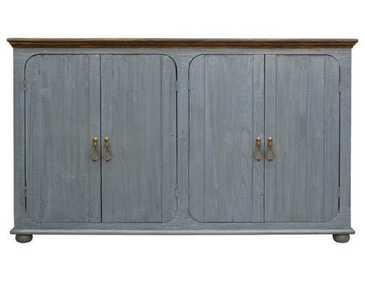 Sky blue Alba 4-door console by International Furniture Direct with two fixed shelves and modern design.