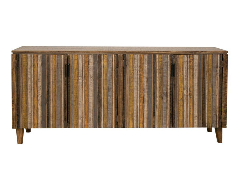 Yellow console table with four doors and multicolor accents from International Furniture Direct, showcasing a modern storage design.