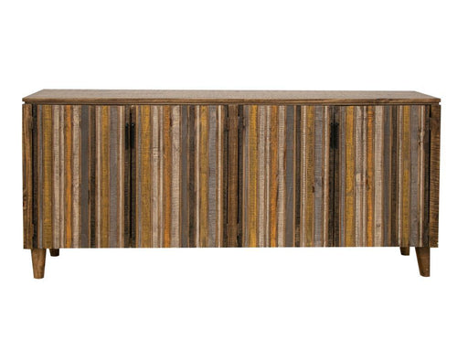 Yellow console table with four doors and multicolor accents from International Furniture Direct, showcasing a modern storage design.