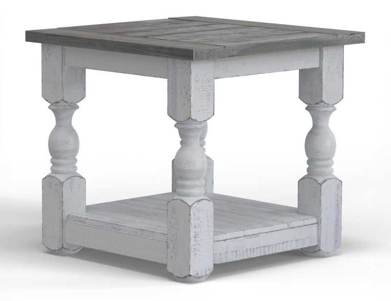 Stone end table by International Furniture Direct featuring a rustic wooden surface and sturdy legs for living room decor.