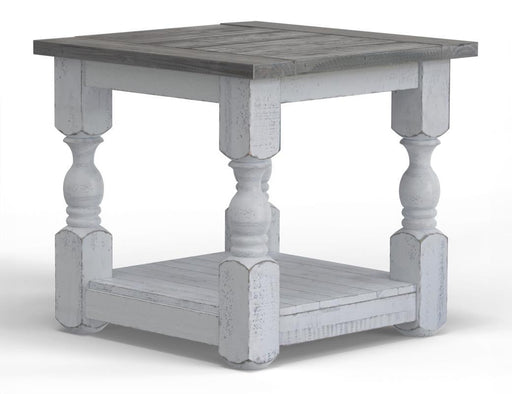 Stone end table by International Furniture Direct featuring a rustic wooden surface and sturdy legs for living room decor.
